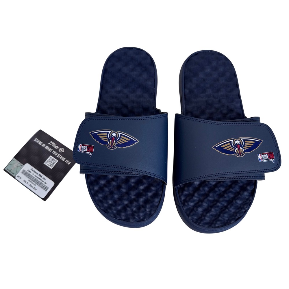 NWT Pelicans Navy Blue NBA Slides Men's Sz 8 Adjustable Sandals New Orleans New